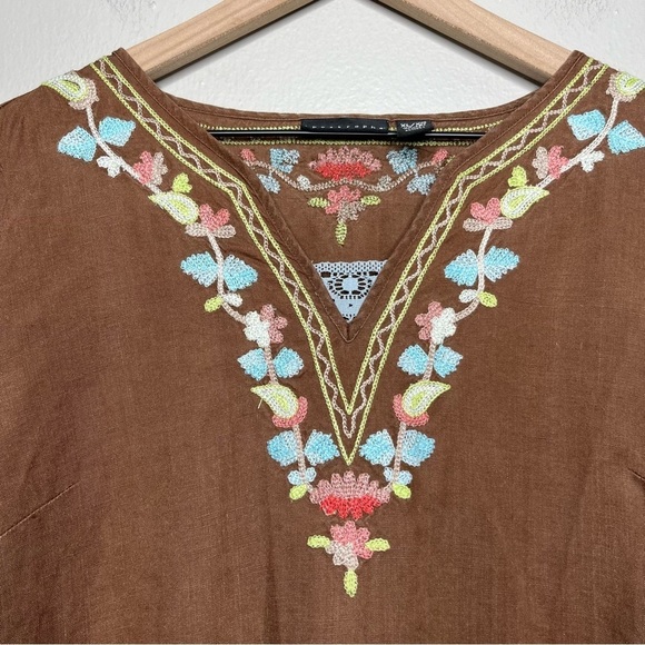 Women 100% Linen Top XL Brown Embroidered Popover. Coastal Lagenlook Lagum - Picture 8 of 8
